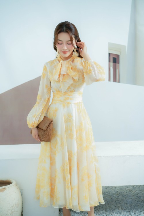 Sixdo Yellow Floral Bowtie Midi Voile Dress